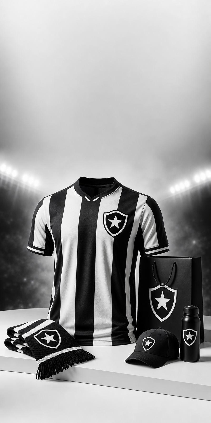 Botafogo store ad with a black-and-white jersey and official merchandise.