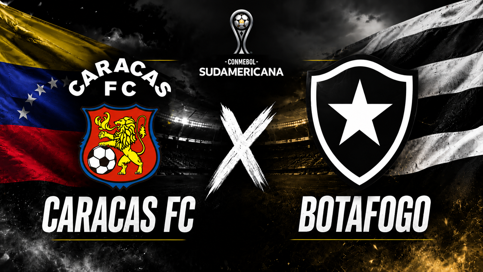 Arte de Caracas x Botafogo pela Copa Sul-Americana, com escudos dos dois clubes.